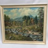 William Russell M.A Original oil painting on board titled "River Leny Callander" Frame measures