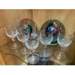 A Lot of two large Hasimir art glass paperweights together with 5 etched crystal sherry glasses.