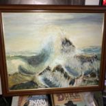 Margaret McDowell original oil painting titled "Waves" fitted within a dark wood frame.