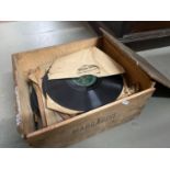 A Vintage Margarine wooden crate box containing a collection of Edison Bell and Columbia records.