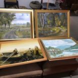 A lot of four original oil paintings of various landscape and fishing scenes. Includes 3 oil