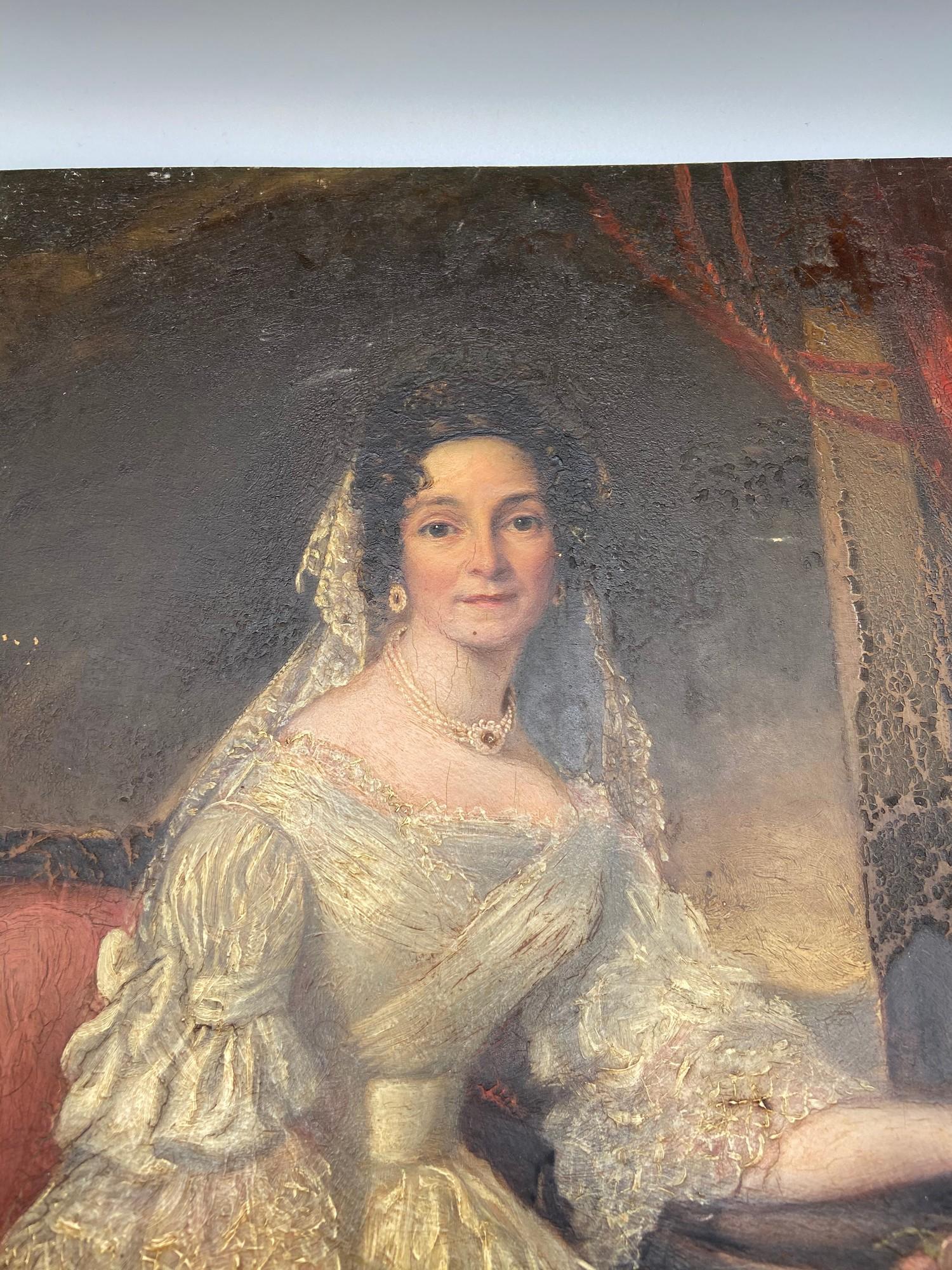 An 18th century Georgian oil painting on a wooden panel of a lady seated, wearing a lace style dress - Image 2 of 5