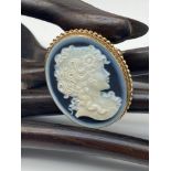 A ladies blue carved cameo brooch, fitted within a 9ct gold surround (can be worn as a brooch, or