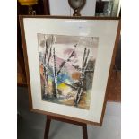 A Vintage watercolour painting depicting trees and moon. Signed by the artist and dated 1964.