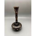 Antique hand turned ebony wood bud vase, Highly detailed with silver inlays. [15cm height]