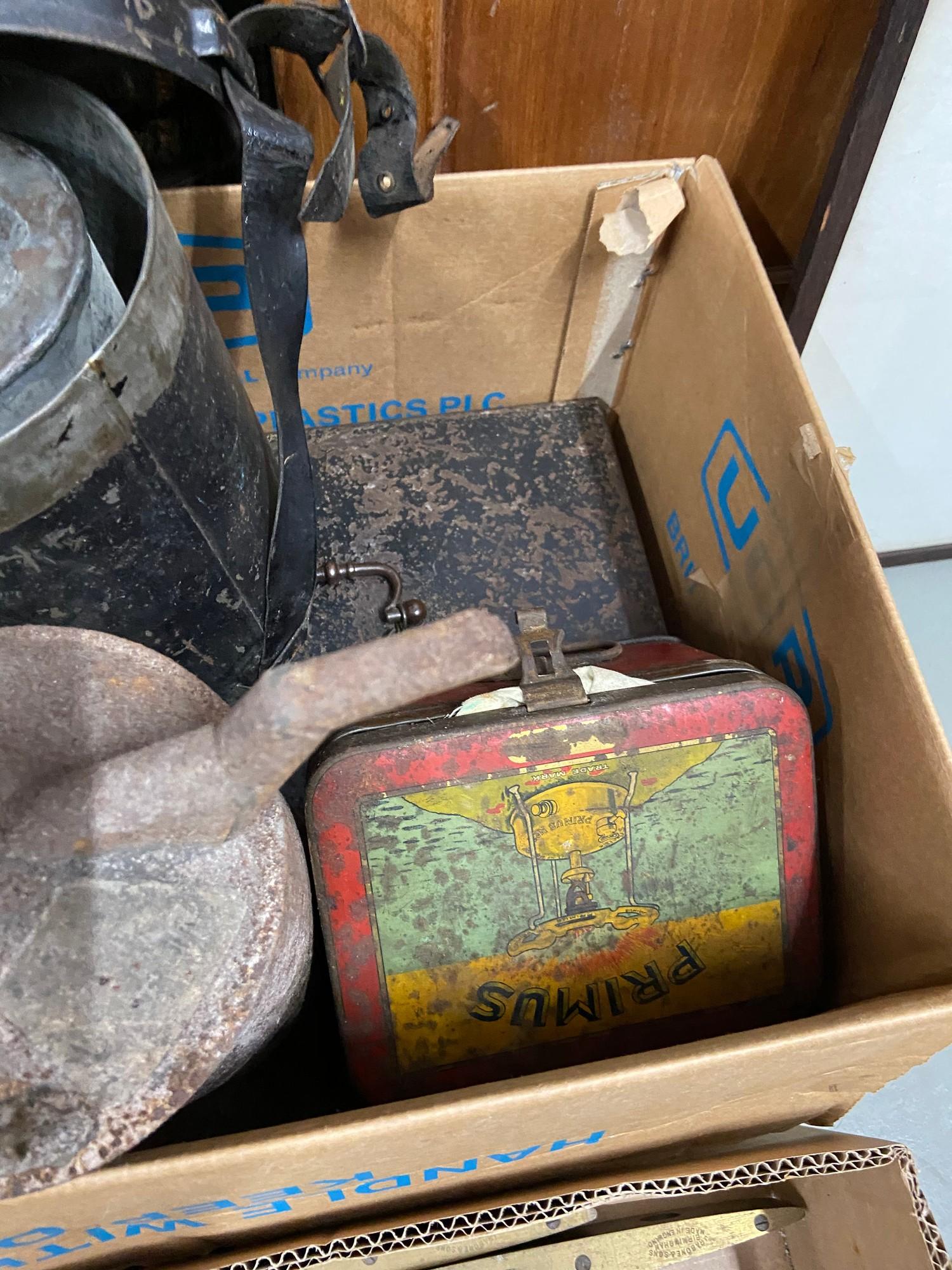 Two boxes of collectable stoves, cash boxes, Brass and wood spirit levels, Leather bound measure - Image 3 of 5