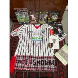 A Dunfermline Football Club signed shirt with various football programmes, Scarf and glass tankard.