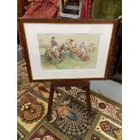 A Large Horse racing print titled 'The Favourite comes to Grief' after M Dorothy Hardy. [Frame