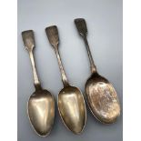 A lot of two Georgian & Victorian Exeter silver serving spoons together with a E.P serving spoon.