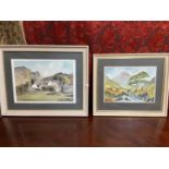 Two vintage watercolours.One depicting a cottage and mountain landscape, The other depicts a river