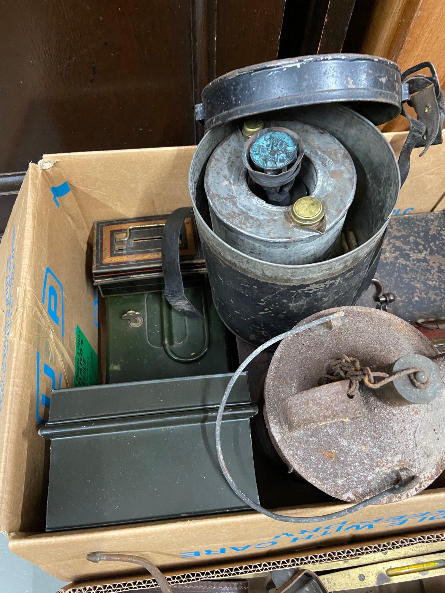 Two boxes of collectable stoves, cash boxes, Brass and wood spirit levels, Leather bound measure - Image 4 of 5