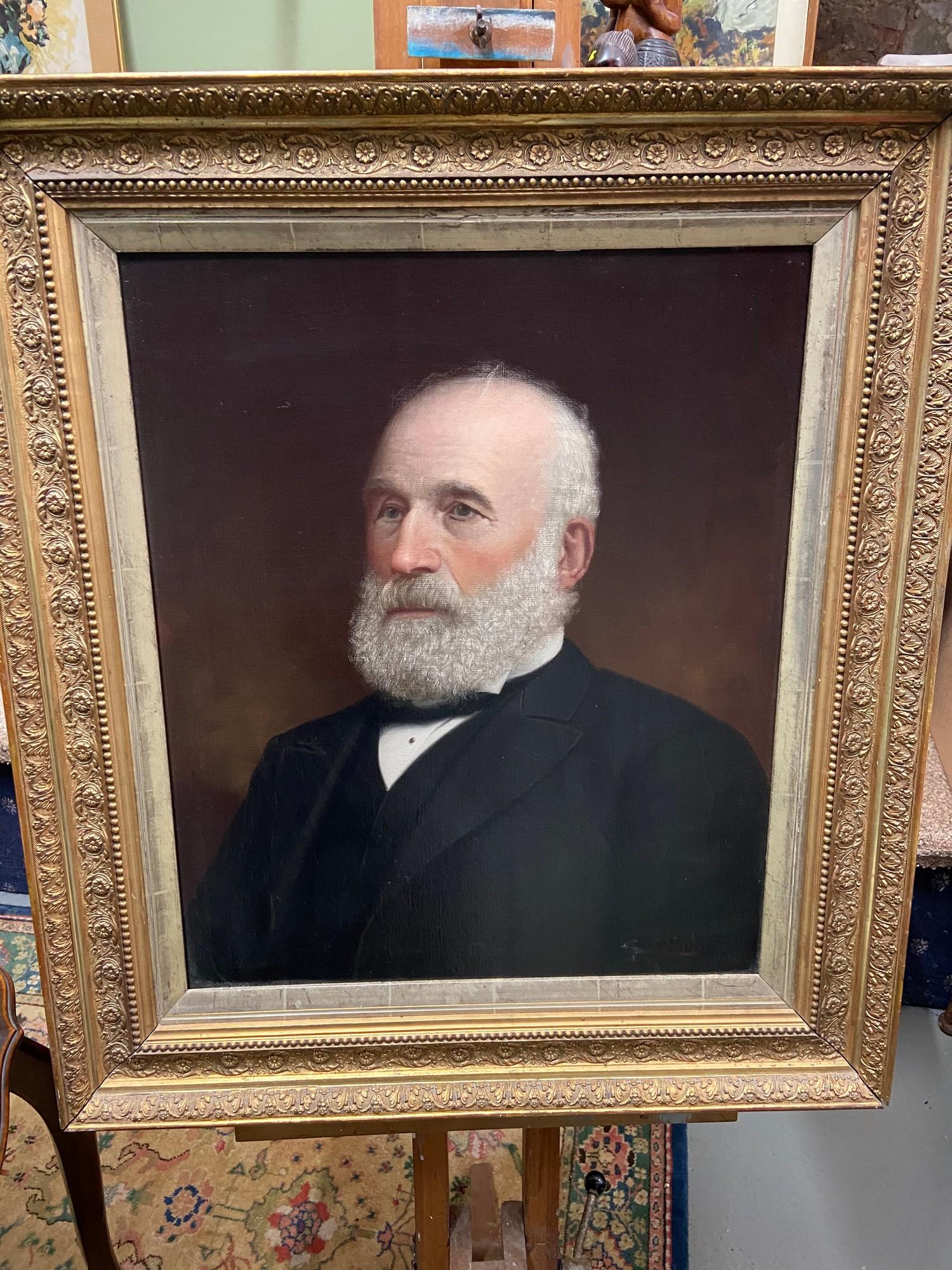 A Large Victorian oil painting on canvas depicting an elderly gentleman of importance, Signed I