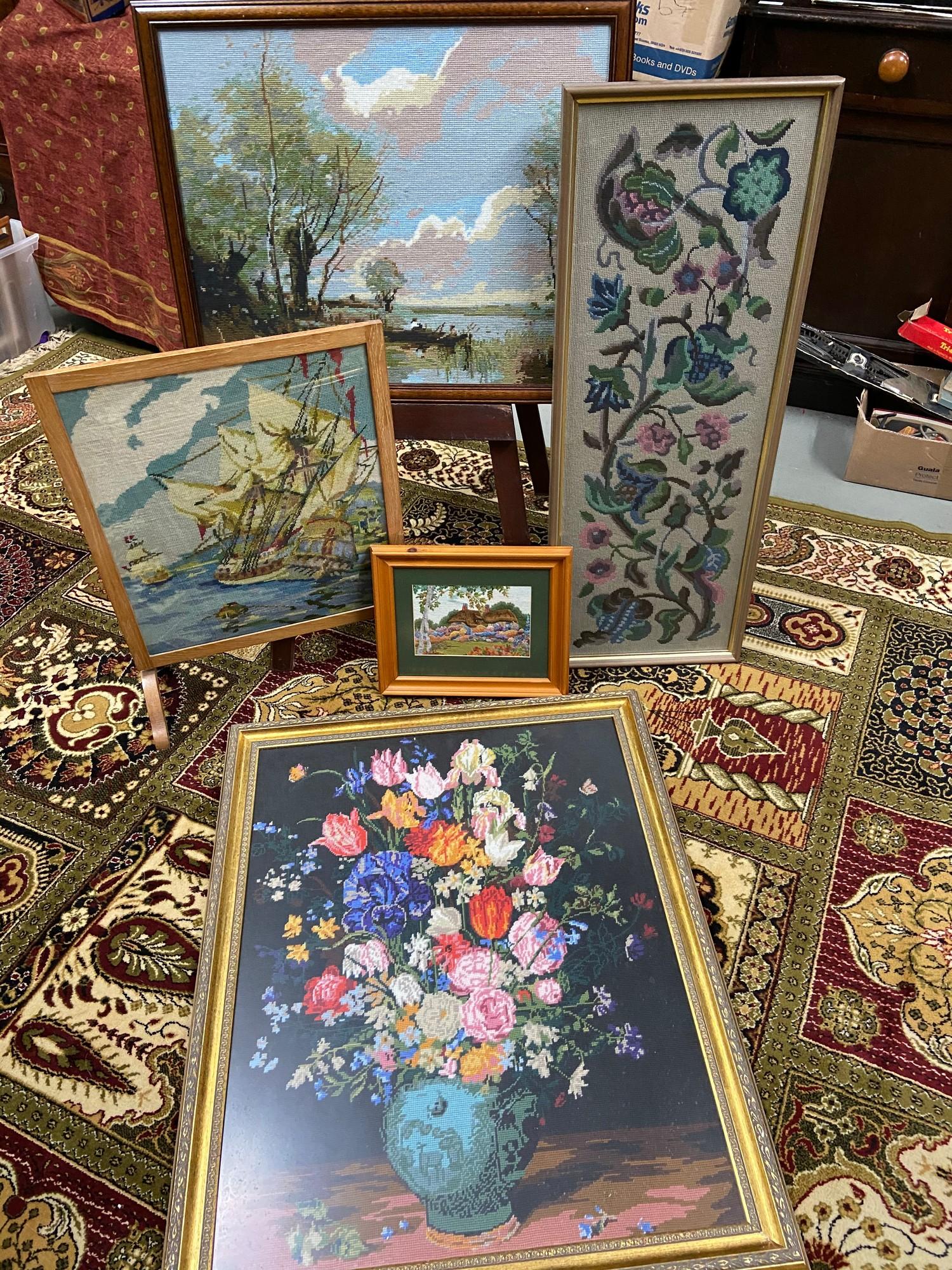 A Selection of vintage framed tapestries and fire screen/ table tapestry