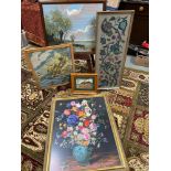 A Selection of vintage framed tapestries and fire screen/ table tapestry
