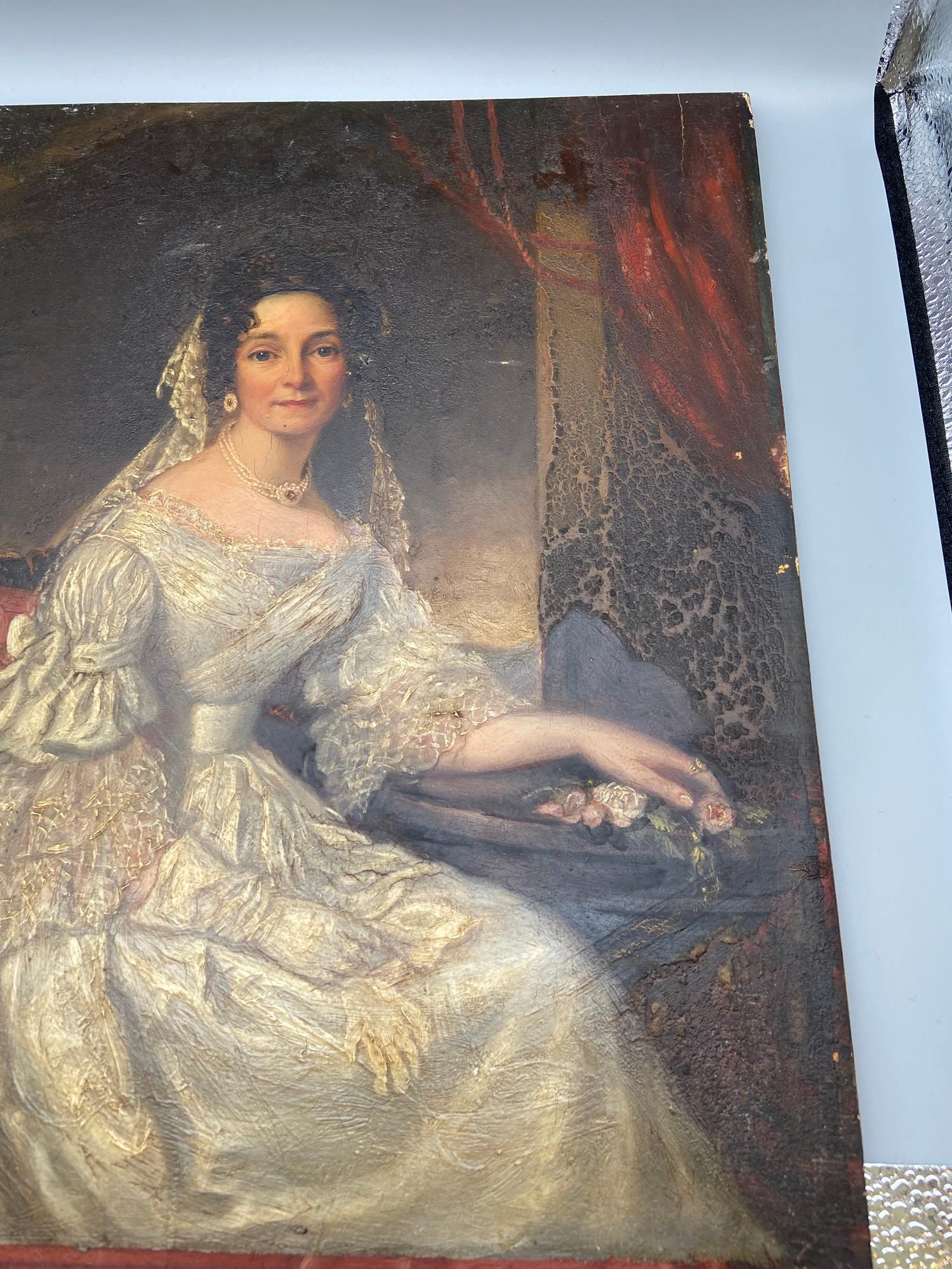 An 18th century Georgian oil painting on a wooden panel of a lady seated, wearing a lace style dress - Image 3 of 5
