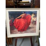 A Retro canvas print of a Spanish lady dancing titled 'Red Dress' produced on canvas by Pieter Vros.