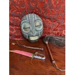 A Tribal African wooden mask designed with beads and brass. Indian dagger with mother of pearl