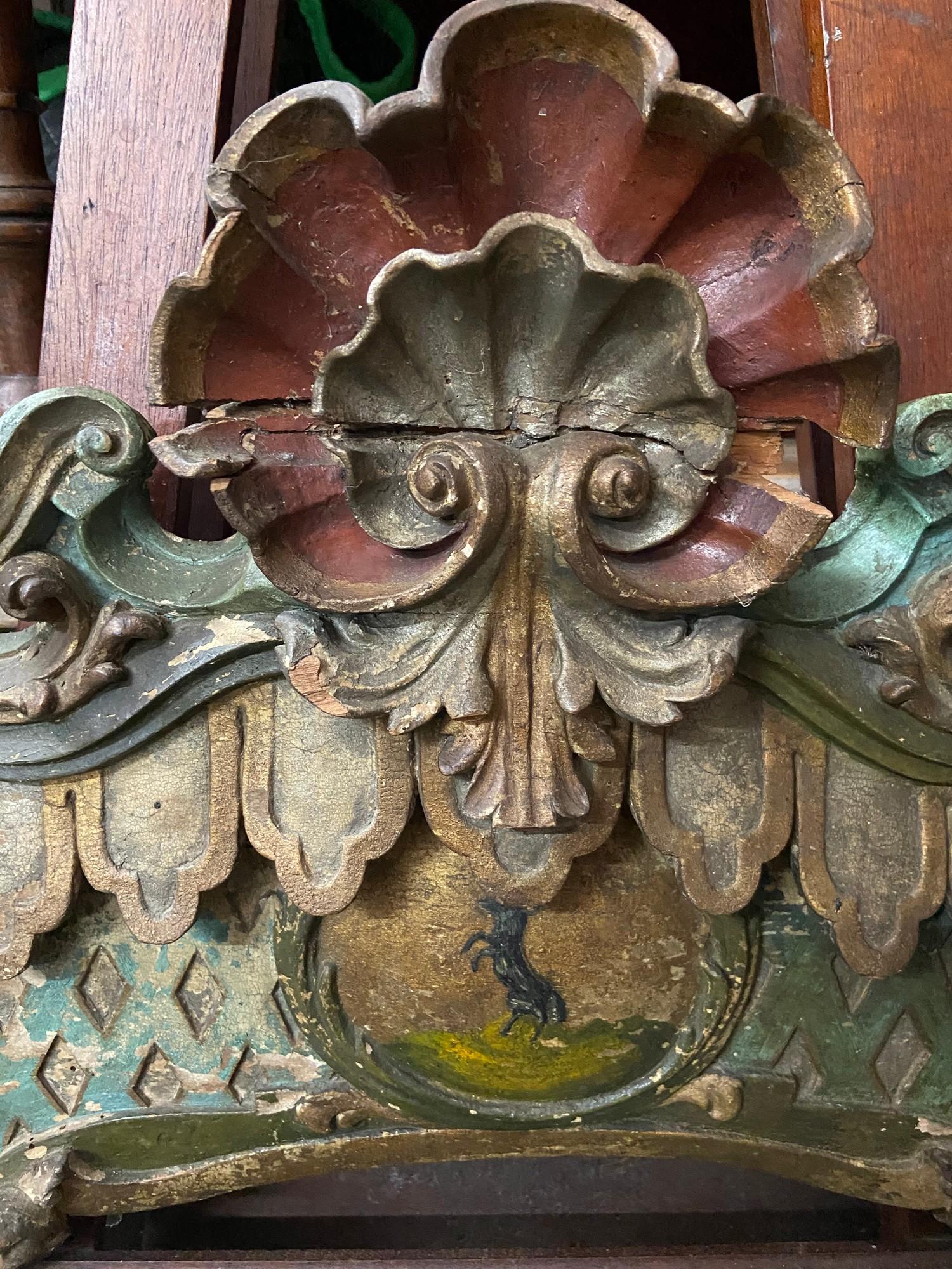 A 17th century hand carved wooden finial panel showing signs of original paint work. Centre panel - Image 3 of 6