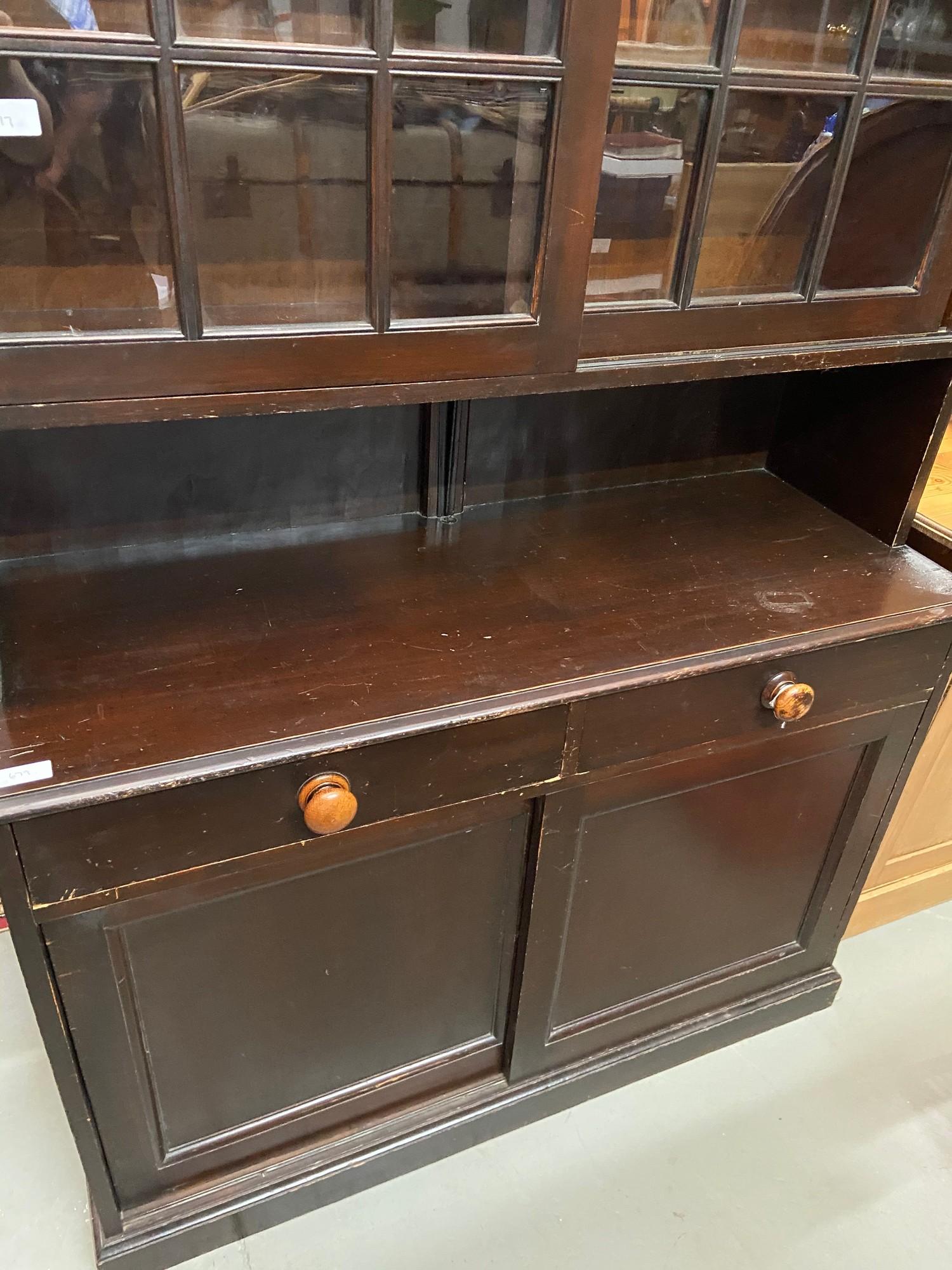 A Large Victorian glazed dresser. Sliding wood and glass doors to the top. Two under drawers and two - Image 3 of 11