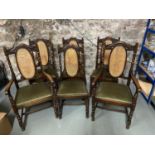 Four Victorian oak dining chairs with two matching carver chairs. All designed with a bergere oval