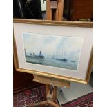 A Vintage limited edition [359/400] print of a shipyard by John J. Holmes. Signed in pencil by the