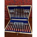 Thomas Ross & Sons silver plated fork and knife cutlery set. Set within a well made mahogany