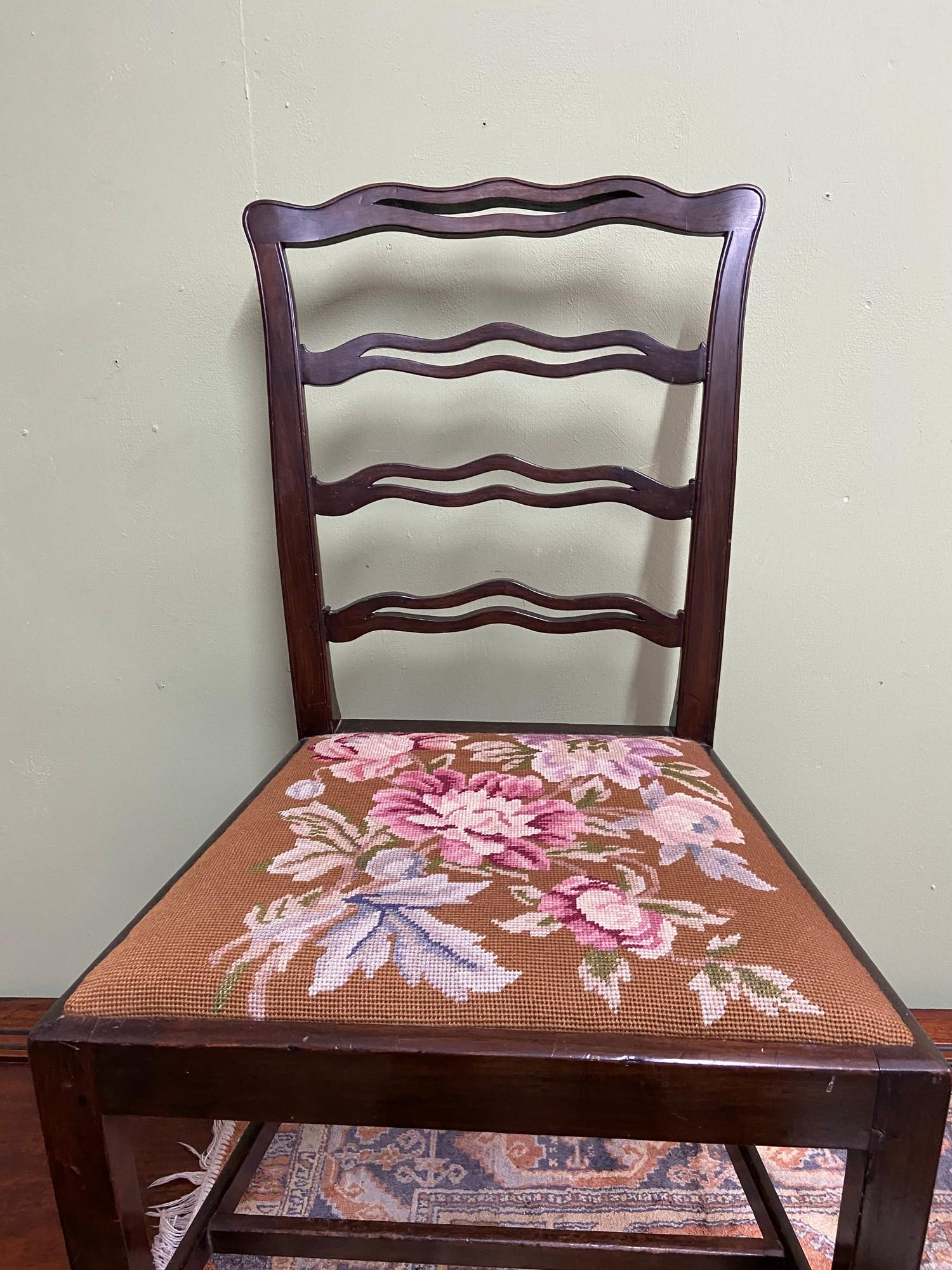 A Georgian ladder back farm house chair. designed with a tapestry topped seat area. - Image 2 of 4