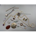 A Quantity of 19th & 20th century jewellery which includes Opal and gold coloured pin, Red stone and