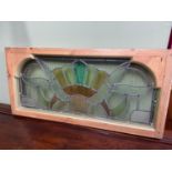 Antique pine framed stain glass window section. [47x99x5.8cm]