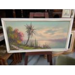 A Mid century oil painting on canvas depicting palm tree as the focal point with the sea and