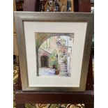 Ruth Wright [Scottish] Original watercolour/ Pen titled 'Sicilian Courtyard' dated 2003. [Frame 35.