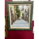 Original oil painting on canvas of foreign alley way. Signed J Smith and dated 95 in pencil to the