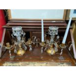 A Pair of Regency cast metal and crystal crop let candle stick holders. [30CM HEIGHT]