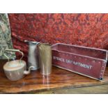 A Vintage Stencil Department storage box together with three copper jugs and kettle.