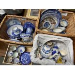 4 Baskets and boxes of antique porcelain blue and white wares to include Chinese Imari plate,