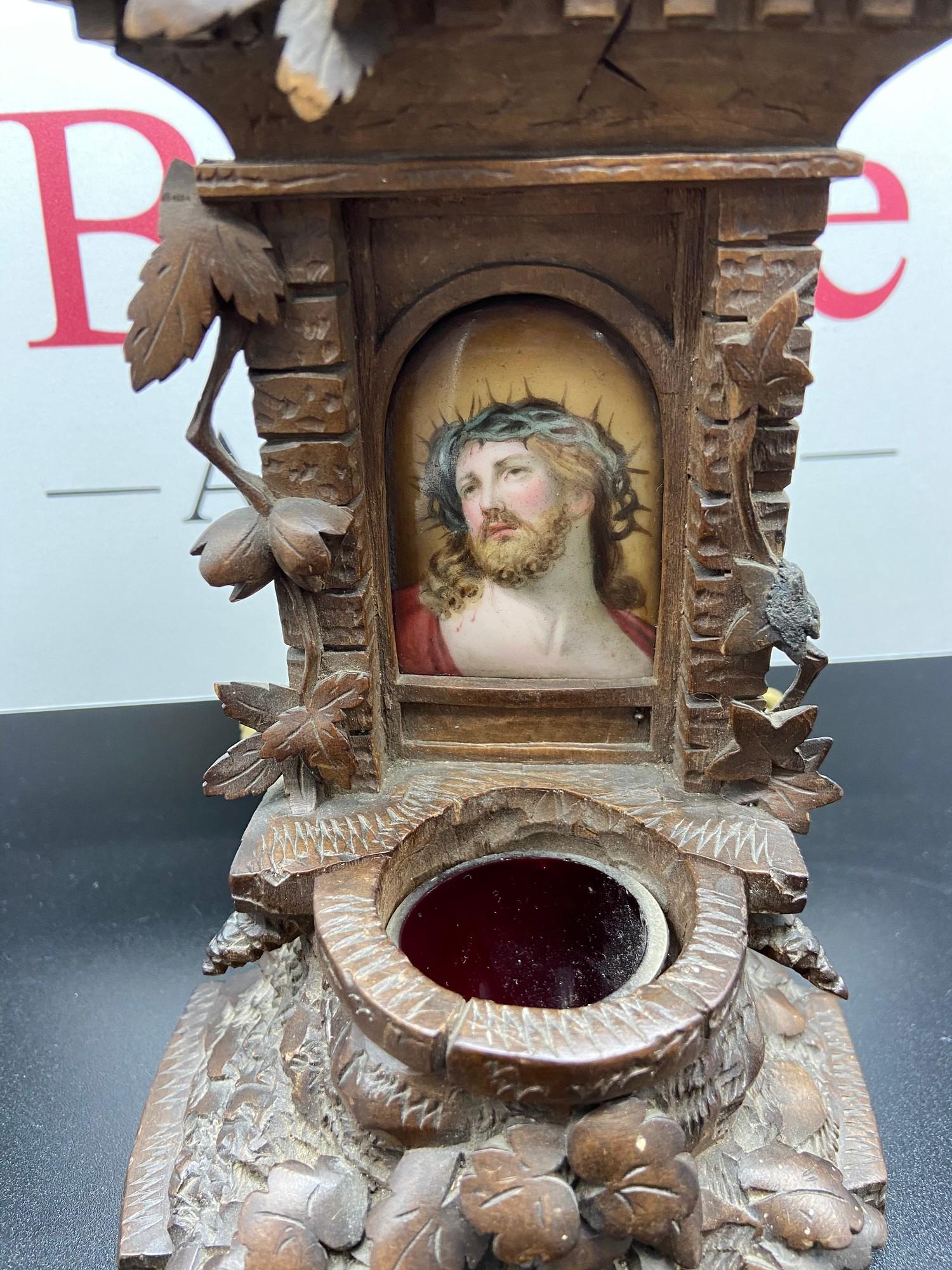 A 19th century Black Forest Holy Water font in the design of a well, designed with a hand painted - Image 4 of 7