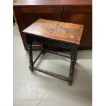 A Victorian Jacobean solid oak window table designed with hand carved panel top.