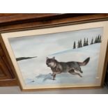 A Large original watercolour titled 'Grey Wolf' signed and dated by the artist.