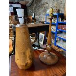 Antique Mahogany turned wood table lamp together with a mid century turned wood table lamp