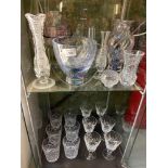 Two shelves of collectable crystal and art glass. Includes whisky set of 6 and sherry set of 6