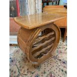 A Light oak wine table with wine storage shelving, designed to look like a barrel. [62cm height]