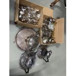 Two boxed containing a quantity of silver plated and E.P Wares to include serving trays and tea pots
