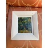 An original oil painting by J Hutchinson titled Forest. Fitted with a contemporary white frame. [