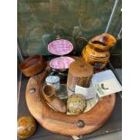 A Selection of wooden collectables to include hand made arts and crafts water jug, wooden preserve