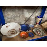 A Shelf of collectable porcelain to include Carlton ware dragon design bowl, Rare carlton ware pin