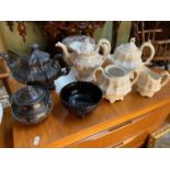 A Shelf of collectable porcelain which includes Victorian tea pot with hand painted gilt trims,