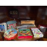 A Shelf of collectable odds to include Saving bank, Hohner harmonica x2, and various advertising