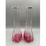 A Pair of London silver mounted ornate pink tinted vases. [20.5cm height]