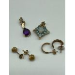 A Lot of 9ct gold jewellery which includes diamond and amethyst pendant, Two pairs of 9ct gold