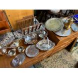 A Quantity of mixed EP, PLated and brass wares to include hammered Ducal Plate porringer bowl, Brass